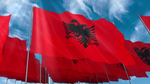 Multiple Albania flags seamless looping waving on blue sky Stock Footage 343675718