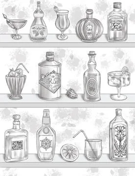 Multiple Alcoholic Bottles With Different Glasses For Each Drink Colorless Line Stock Illustration