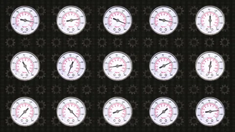 Multiple Analog Pressure Gauges Displaying Measurements on a Dark Industrial BG Stock-Footage 309537918