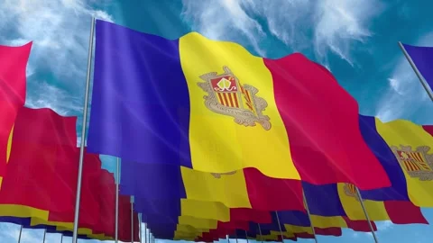 Multiple Andorra flags seamless looping waving on blue sky Stock Footage 343675954