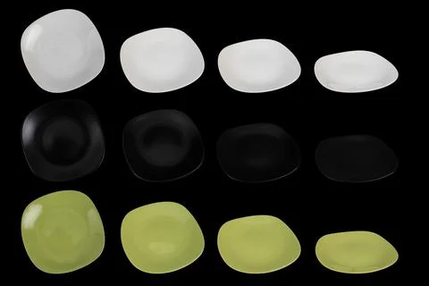 Multiple angle plate shots isolated on black background, abstract backdrop Photos