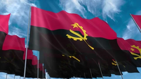 Multiple Angola flags seamless looping waving on blue sky Stock Footage 343675960