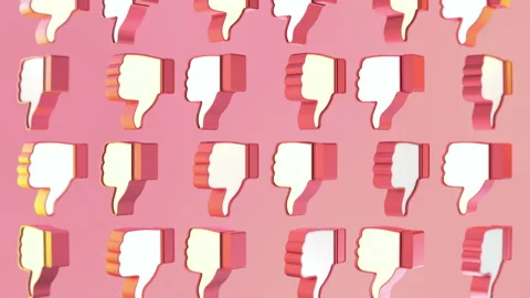 Multiple Animated Thumbs down buttons are flying in the pink background Stock Footage 195614762