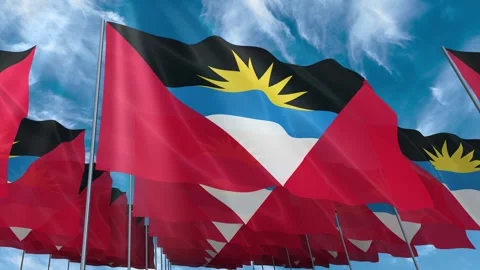Multiple Antigua and Barbuda flags seamless looping waving on blue sky Stock Footage 343676054