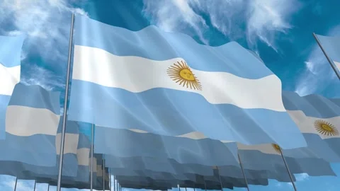 Multiple Argentina flags seamless looping waving on blue sky Stock Footage 343676044