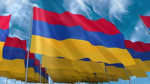 Multiple Armenia flags seamless looping waving on blue sky Stock Footage 343676147