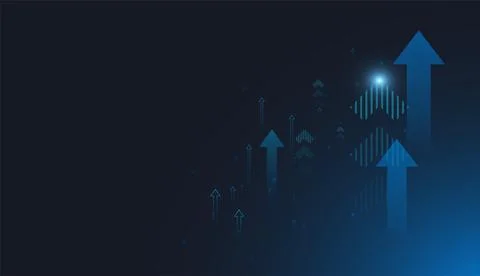 A Multiple arrows ascending against a dark blue digital background represen.. Stock Illustration