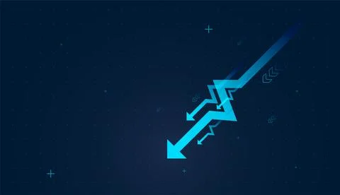 Multiple arrows indicate diverse down revenue streams falling together. The.. Stock Illustration