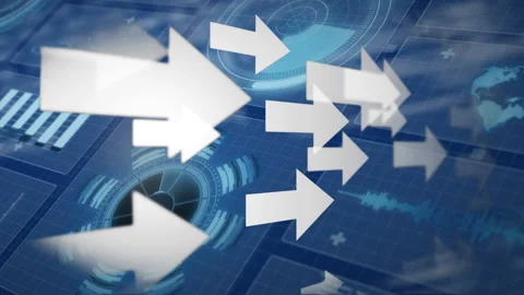 Multiple arrows moving against digital interface with data processing on blue Stock Footage 153475143