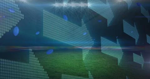 Multiple arrows moving and uruguay print on rugby balls falling against sports Stock Illustration