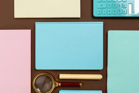 Multiple Assorted Collection Office Stationery Photo With Pens Pencils Notepads Stock Photos