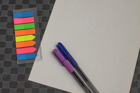 Multiple Assorted Collection Office Stationery Photo With Pens Pencils Note.. Stock Photos