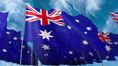 Multiple Australia flags seamless looping waving on blue sky Stock Footage 343676150