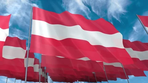 Multiple Austria flags seamless looping waving on blue sky Stock Footage 343676251