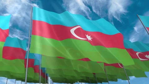 Multiple Azerbaijan flags seamless looping waving on blue sky Stock Footage 343676291