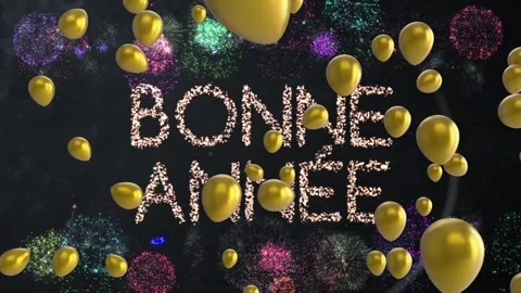 Multiple balloons floating over bonne annee against fireworks exploding on black Stock Footage 328640782