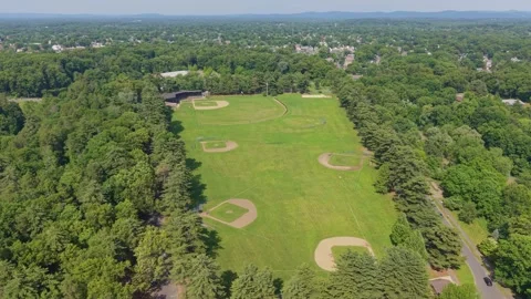 Multiple baseball diamonds in large Athletic Field surrounded by trees Stock Footage 340185514