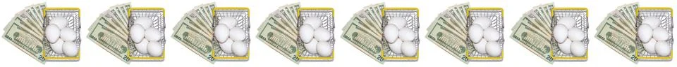 Multiple baskets full of fresh white eggs with us dollar bills underneath the Stock Photos