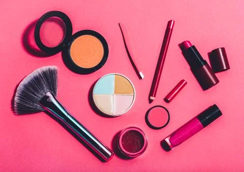 Multiple beauty tools on a pink background Stock Photos