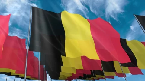 Multiple Belgium flags seamless looping waving on blue sky Stock Footage 343676642