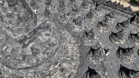 Multiple bells with buddha inside. Borobudur Temple in Yogyakarta, Java, In.. Stock-Fotos