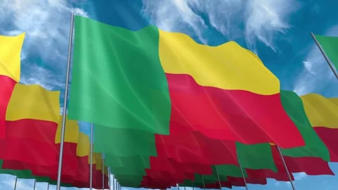 Multiple Benin flags seamless looping waving on blue sky Stock Footage 343676731