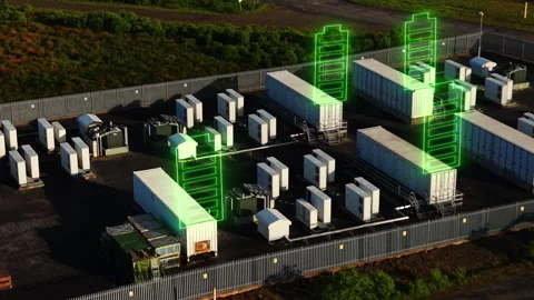 Multiple BESS Battery Energy Storage System Containers with 3D Green Animated Stock Footage 339771248