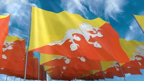 Multiple Bhutan flags seamless looping waving on blue sky Stock Footage 343677069