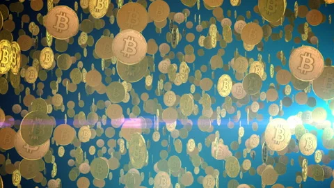 Multiple Bitcoins Spinning on Blue with Flare Stock Footage 156004083