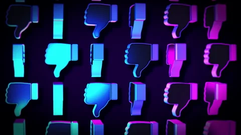 Multiple bizarre thumbs down dislike emoji are flying in the black background Stock Footage 309705547