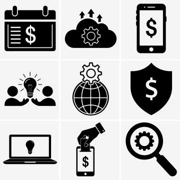 Multiple black and white icons depict various business themes, showcasing con Stock Illustration