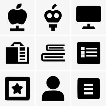 Multiple black and white icons on a clean white background, featuring educati Stock Illustration
