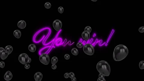 Multiple black balloons floating over neon purple you win text signboard against Stock Footage 158415822