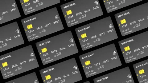 Multiple black bank cards with a chip moving animation from top view Video stock 227680906