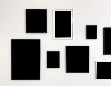 Multiple black-filled frames in black and white borders arranged on a white.. Stock Photos