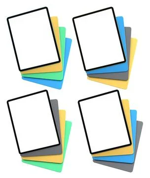 Multiple black-framed digital tablets stacked with colorful sheets, isolated on Stock Illustration