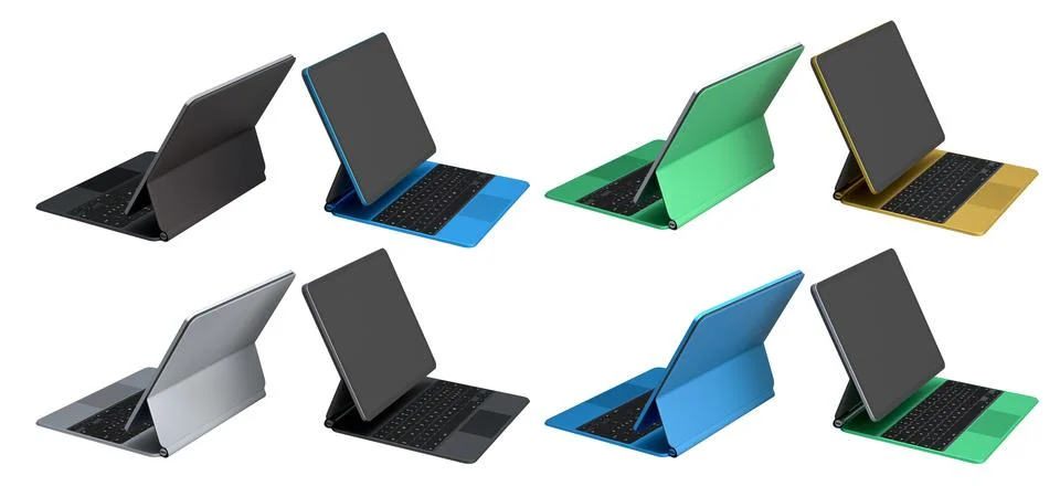 Multiple black-framed digital tablets stacked with colorful sheets, isolated on Stockillustratie