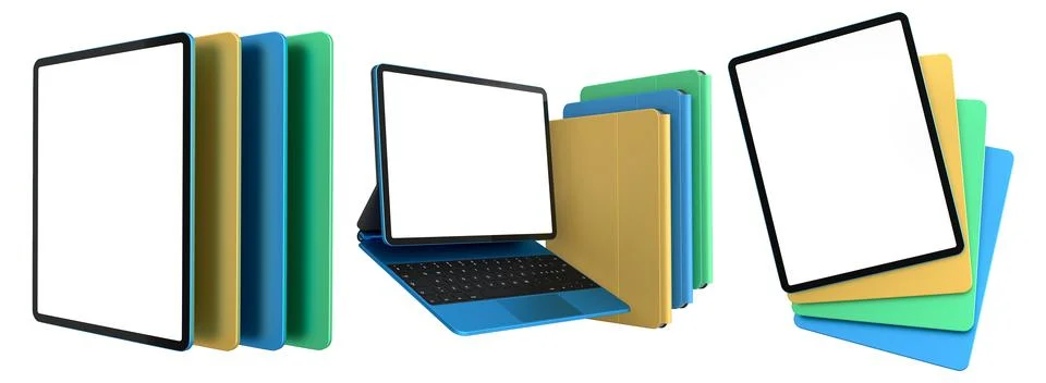 Multiple black-framed digital tablets stacked with colorful sheets, isolated  Stock Illustration