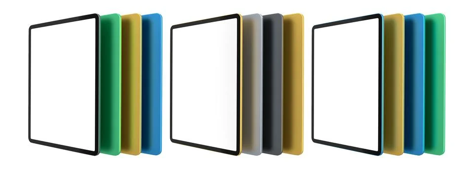 Multiple black-framed digital tablets stacked with colorful sheets, isolated  Illustrazione stock