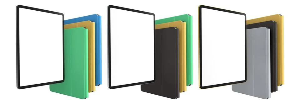 Multiple black-framed digital tablets stacked with colorful sheets, isolated  Stock Illustration
