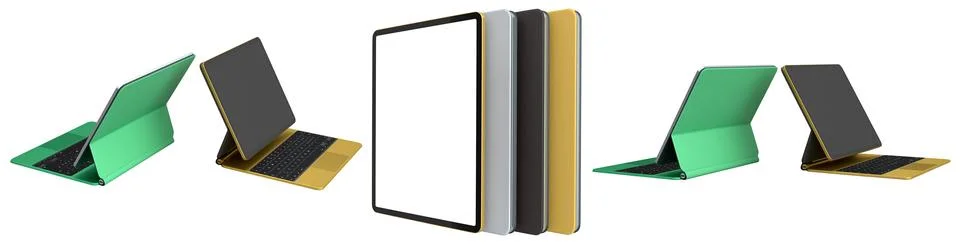 Multiple black-framed digital tablets stacked with colorful sheets, isolate.. Stock Illustration