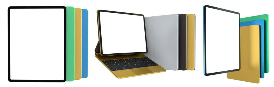 Multiple black-framed digital tablets stacked with colorful sheets, isolated  Stock Illustration
