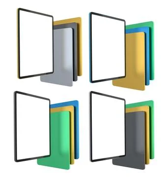 Multiple black-framed digital tablets stacked with colorful sheets, isolated on Stock Illustration
