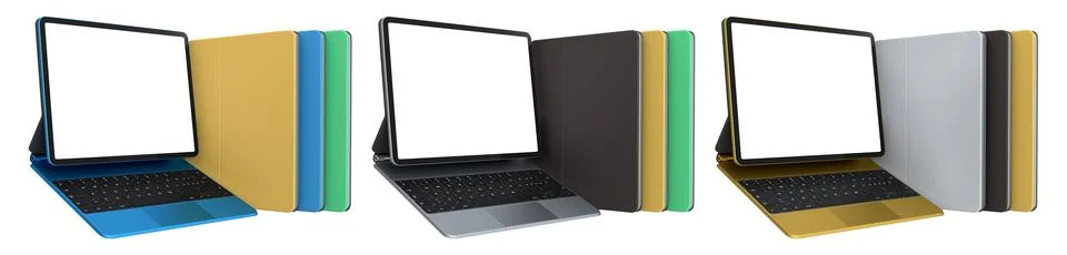 Multiple black-framed digital tablets stacked with colorful sheets, isolated on Stock Illustration