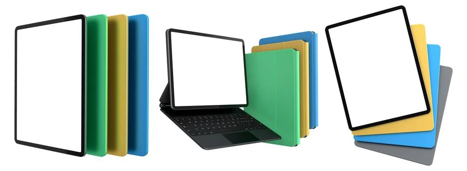 Multiple black-framed digital tablets stacked with colorful sheets, isolated on Stock Illustration