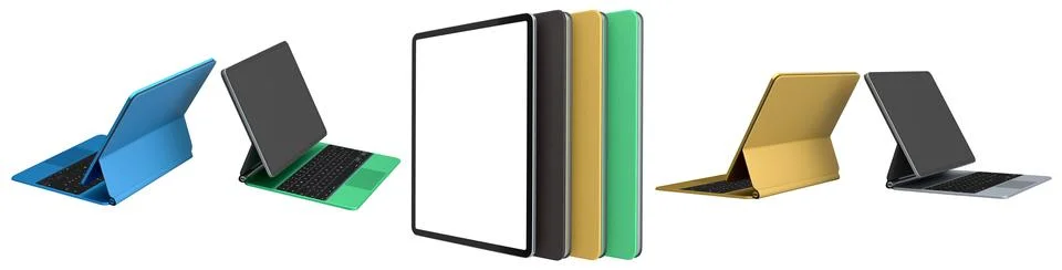 Multiple black-framed digital tablets stacked with colorful sheets, isolated  스톡 일러스트