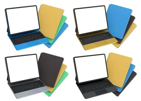 Multiple black-framed digital tablets stacked with colorful sheets, isolate.. Stock Illustration