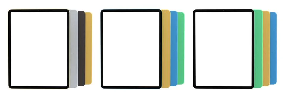Multiple black-framed digital tablets stacked with colorful sheets, isolate.. Stock Illustration