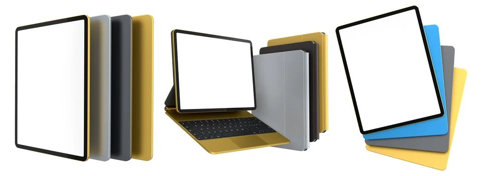 Multiple black-framed digital tablets stacked with colorful sheets, isolated  Stock Illustration
