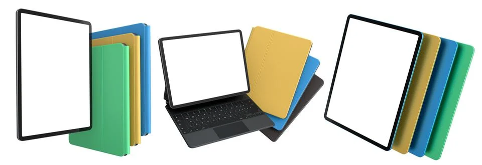 Multiple black-framed digital tablets stacked with colorful sheets, isolated  Illustrazione stock